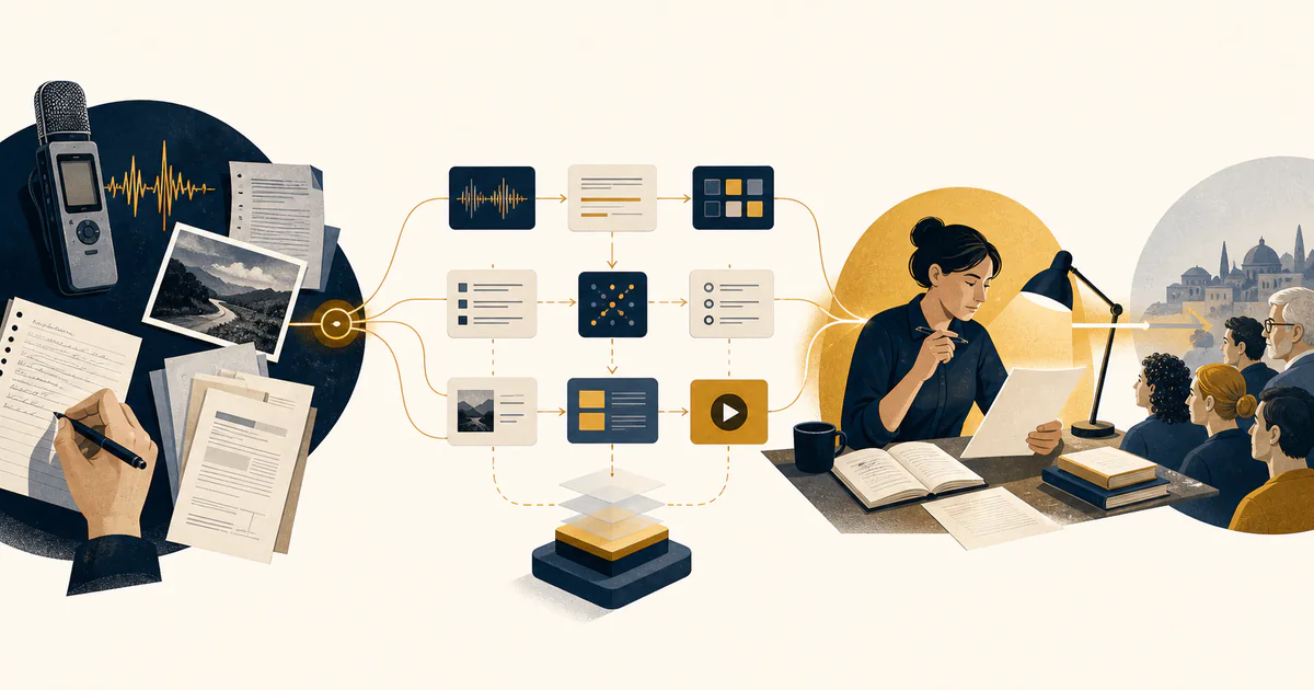 Illustrazione del flusso editoriale: dalle fonti, attraverso automazioni e formati, alla verifica umana e alla comunità che riceve l'informazione.
