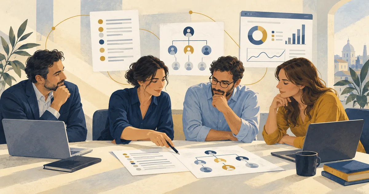Illustrazione del team del cliente che esamina decisioni documentate, accessi e risultati per scegliere in autonomia dopo un incarico di consulenza.