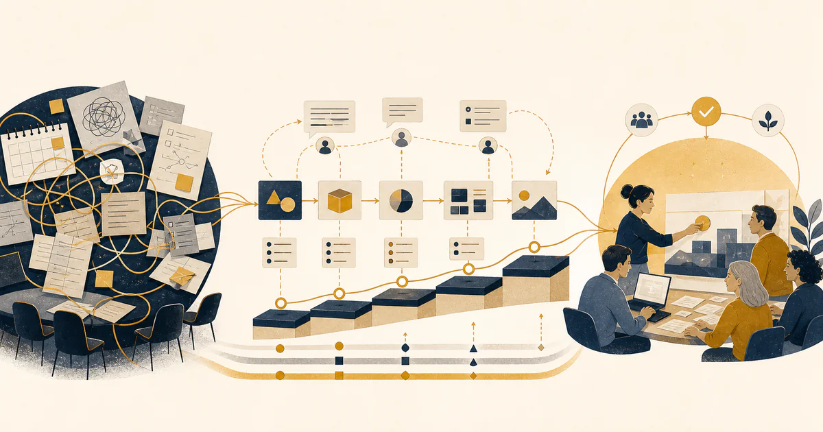 Illustrazione di un progetto che passa da attività disordinate a piccole consegne successive e a un lavoro di squadra coordinato.
