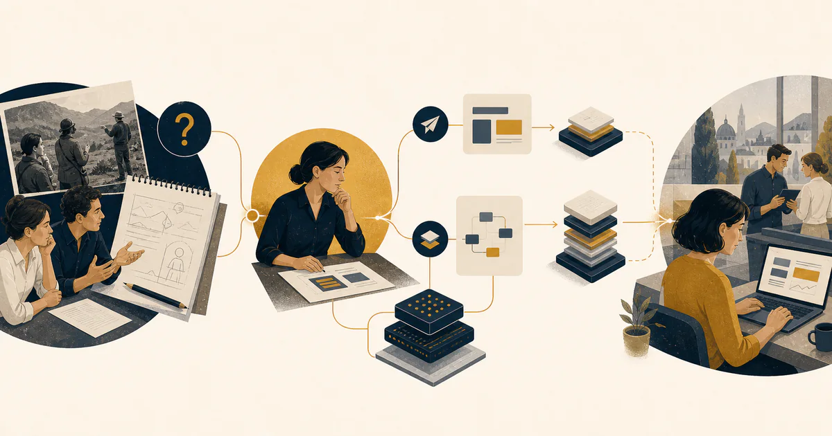 Illustrazione del percorso da un bisogno concreto alla scelta progettuale, alla costruzione assistita dall'AI e all'uso di uno strumento digitale.