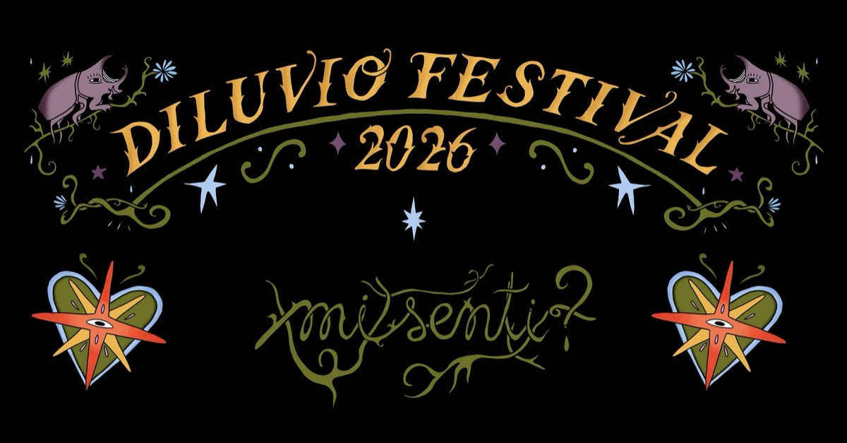 Locandina di Diluvio Festival 2026 su fondo nero: il titolo del festival, la scritta 'xmisenti?' in corsivo e illustrazioni in stile tatuaggio tradizionale.