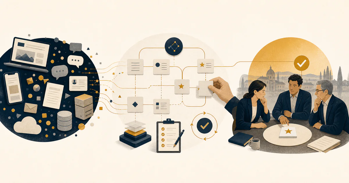 Illustrazione di diverse fonti di dati organizzate in un modello di misurazione condiviso e usate da un gruppo per prendere decisioni.