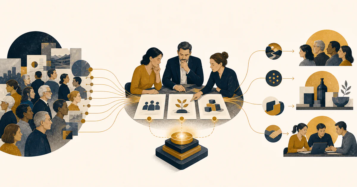 Illustrazione di un gruppo che seleziona pubblico, promessa e offerta per allineare marketing, prodotto, vendite e clienti.