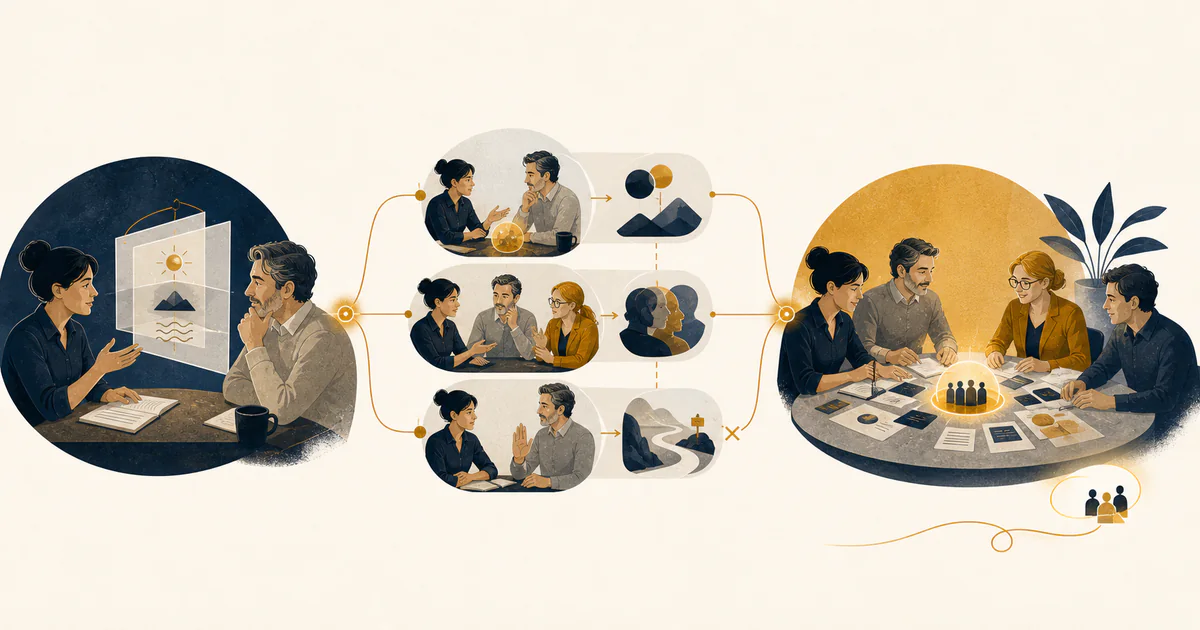 Illustrazione di un percorso di consulenza basato su confronto onesto, ascolto, feedback e collaborazione tra persone.