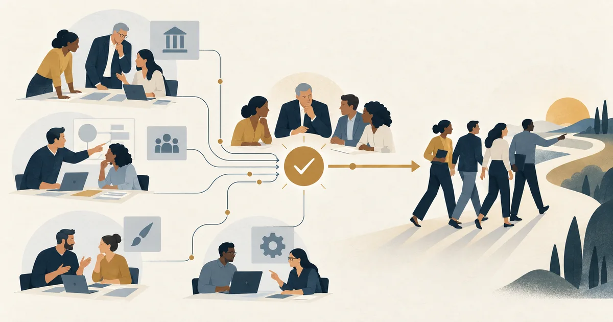 Illustrazione di direzione, team interno e specialisti collegati a una decisione condivisa, dalla raccolta delle informazioni all'esecuzione.